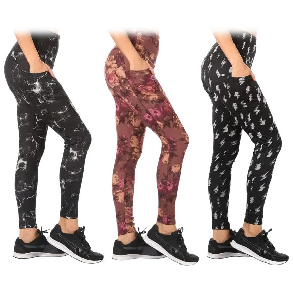 3-Pack: Nextex Apparel Women's Printed Active Leggings with Pockets