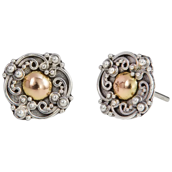 Savvy Cie 18K Solid Gold and Sterling Elaborate Floral Balinese Stud Earrings