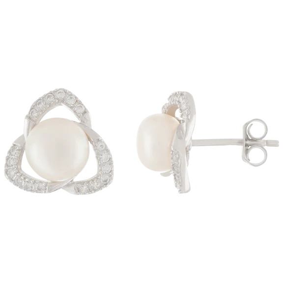 Splendid Pearls Fancy Silver Pearl Earrings with CZs