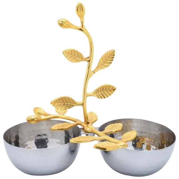 Cheer Collection Polished Stainless Steel Two Serving Bowl with Gold Leaf Handle