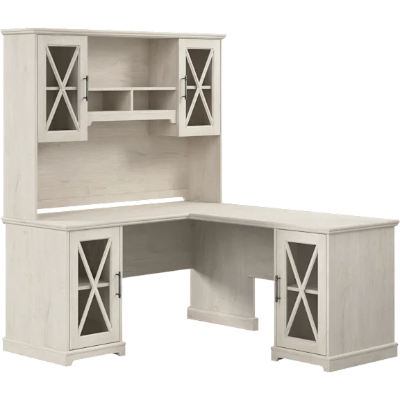 Lennox 60W Farmhouse L Shaped Desk with Hutch and Storage Cabinets
