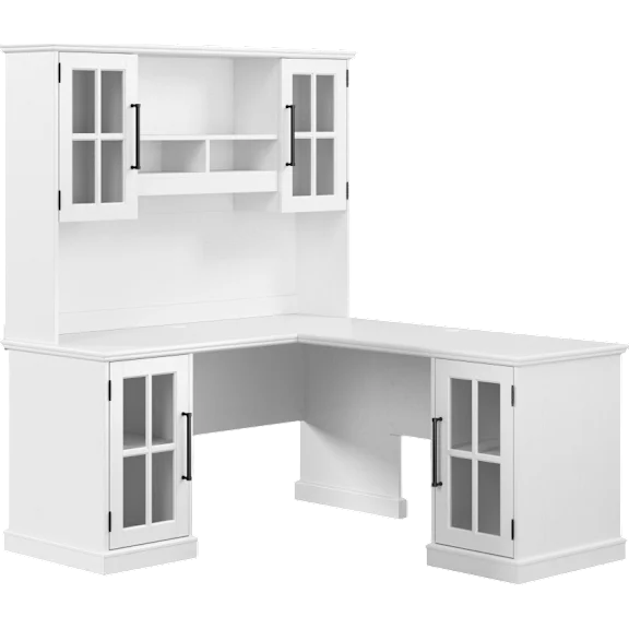 Westbrook 60W L Shaped Desk with Hutch and Storage in White Ash