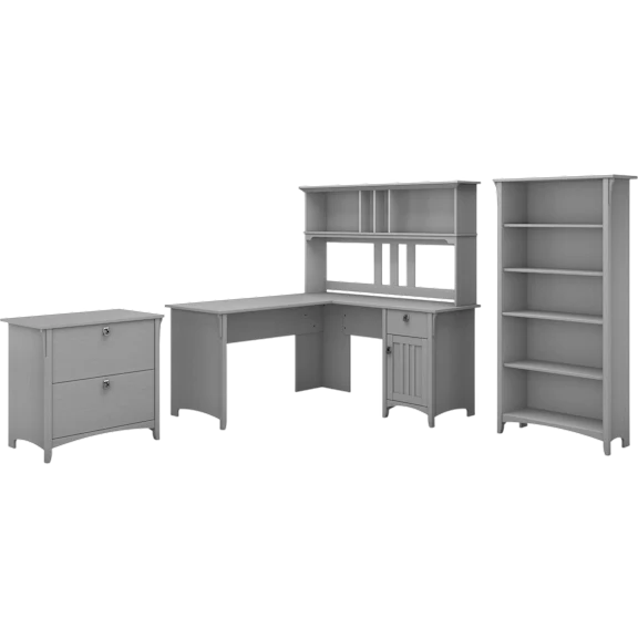 Salinas 60W L Shaped Desk with Hutch, Lateral File Cabinet and 5 Shelf Bookcase