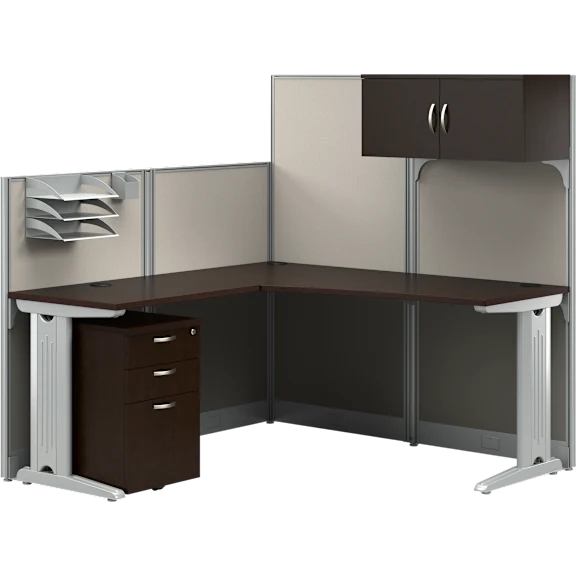 Office in an Hour 65W L Shaped Cubicle Desk with Storage, Drawers, and Organizer