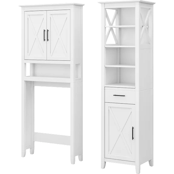 Key West Tall Linen Cabinet and Over The Toilet Storage Cabinet in White Ash