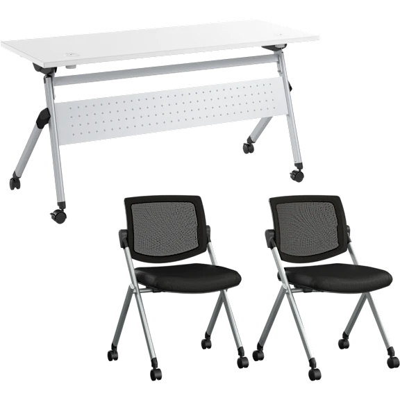 Envision 60W Folding Training Table with Powered Grommets and 2 Chairs