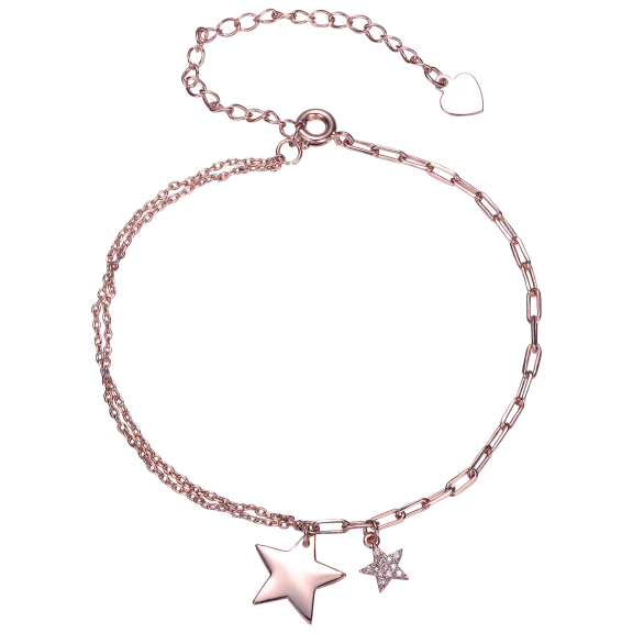 Megan Walford 9.25" Star Charms Anklet in 18K Rose Gold Plated with CZ Stones