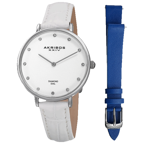 Akribos Women's Diamond Marker Watch with Interchangeable Genuine Leather Strap