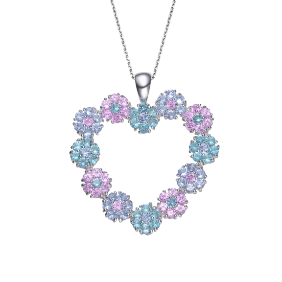 Pink & Blue Genuine Gemstones Flower Heart Pendant