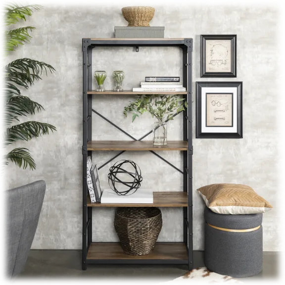 Walker Edison Angle Iron 64" Industrial 4 Shelf Wood Bookcase