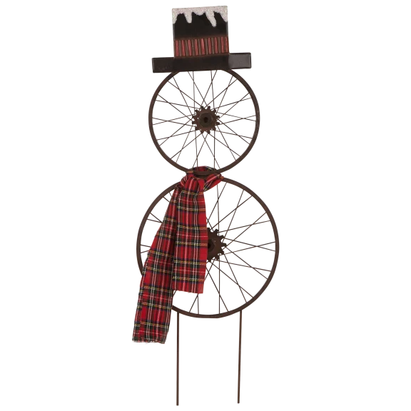 Glitzhome 36.63"H Metal Bike Wheel Snowman with Plaid Scarf Decor