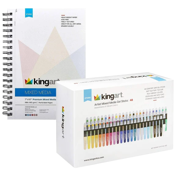 KingArt 48 Gel Stick Crayons and 7"x10" 60 Page Mixed Media Pad