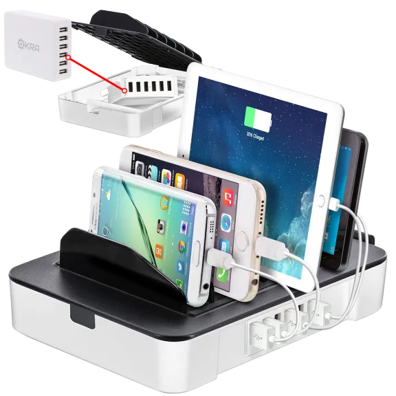 2-in-1 USB Charging Station & Organizer with 6-Port Removable Travel Hub by Okra
