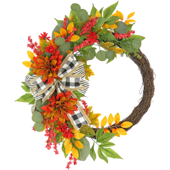 National Tree Company 24" Harvest Wreath with Twig, Dahlia, Eucalyptus & Bow