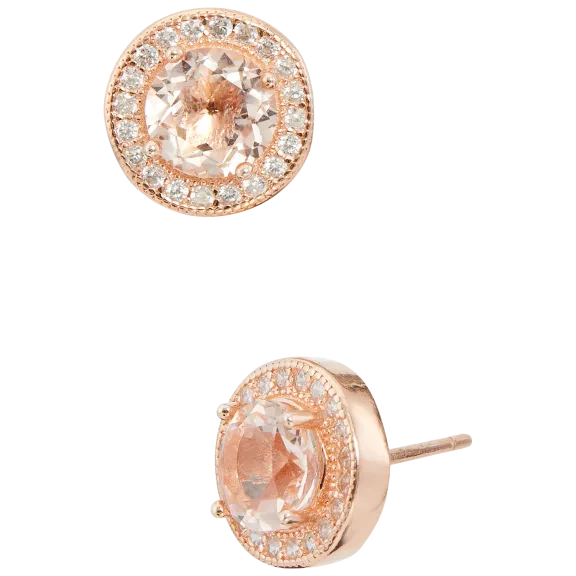 Savvy Cie 18K Rose Gold Halo Round Morganite Cubic Zirconia Stud Earrings