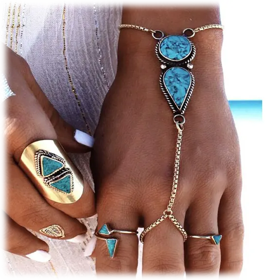 Golden NYC Jewelry Blue Turquoise Duo Stone Arm & Finger Piece