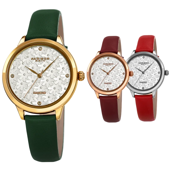 Akribos XXIV Women's Diamond Layered Floral Leather Strap Watch