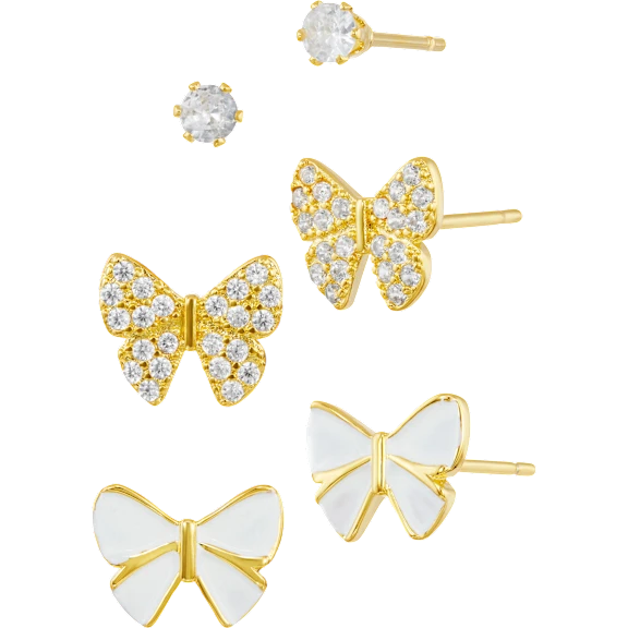 Savvy Cie 3-Piece Pave, Enameled & High Polish Bow Stud Earrings
