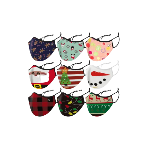 9-Pack: Extreme Fit Christmas Themed Kids Two-Layered Reusable Face Masks