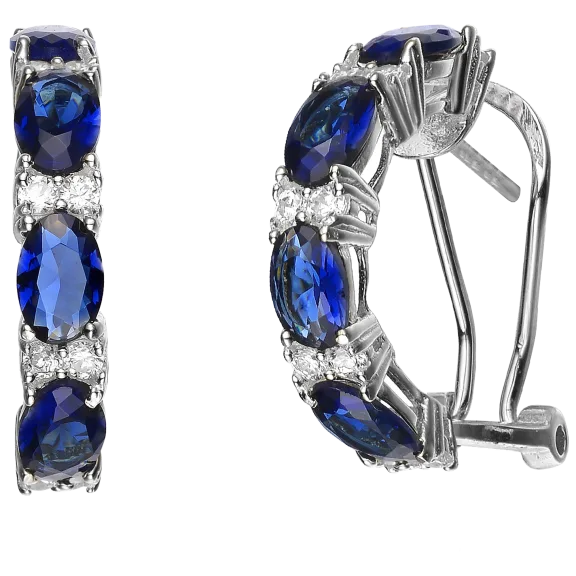 Megan Walford Elegant Sterling Silver Hoop Earrings with Blue Oval CZ