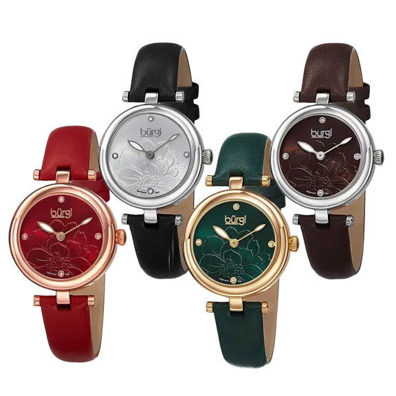 Burgi Women's Diamond Accented Flower Dial Watch