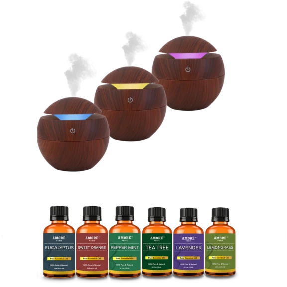 Amore Ultrasonic Cool Mist Wood-Look Aroma Diffuser with Essential Oils - London