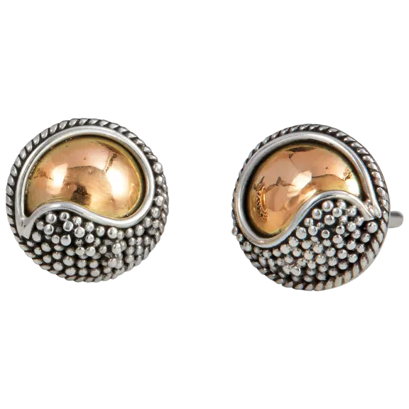 Savvy Cie 18K Solid Gold And Sterling Elaborate  Balinese Stud Earring