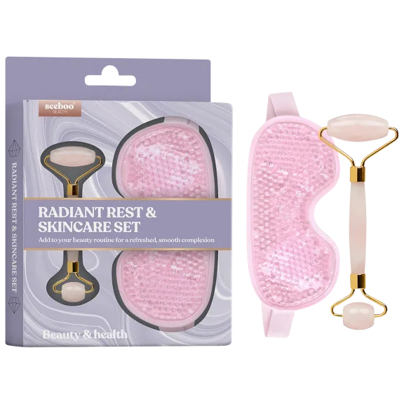 Seeboo 2-Piece Cooling Beads Eye Mask & Rose Quartz Facial Roller Skincare Set