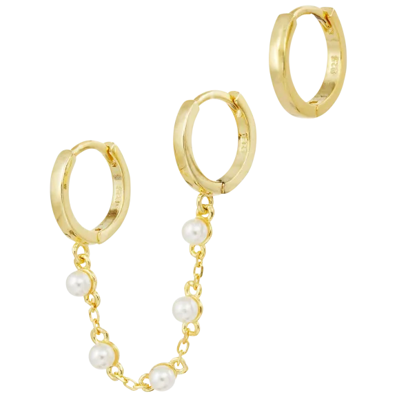 Savvy Cie 18K Gold Sterling Silver Double Piercing Pearl Hoop + Huggie Earrings