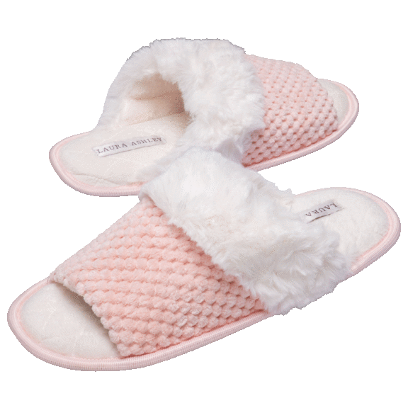 Laura Ashley Plush Open Toe Slippers with Memory Foam