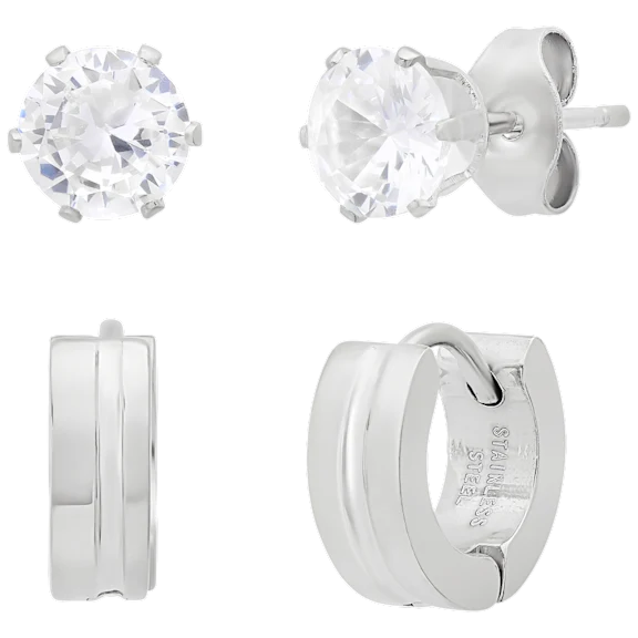 Steeltime Ladies Simulated Diamond Studs & Huggie 2-Piece Earring Set