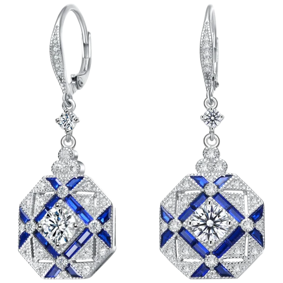 Genevive Sterling Silver Sapphire Blue and Clear Cubic Zirconia Drop Earrings