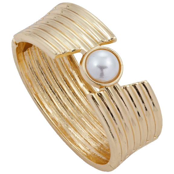 Savvy Cie Wide Ribbed Hinged Bangle with Large Mabe Faux Pearl