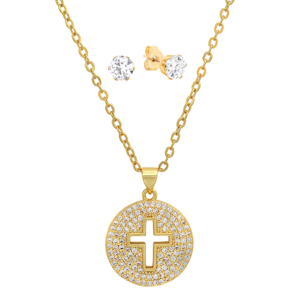 Steeltime 18K Gold Plated Simulated Diamond Cross Pendant & Earrings