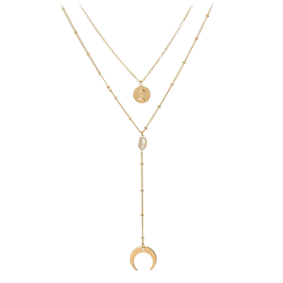 Hollywood Sensation's Two Layered Necklace with Moon and Gypsy Coin