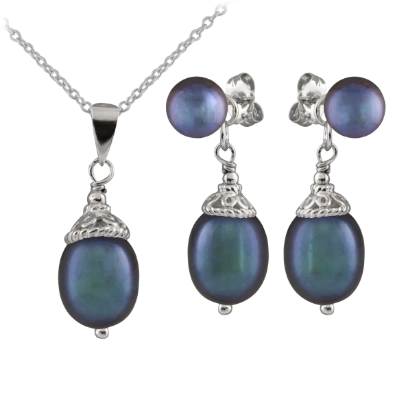 Splendid Pearls Sterling Silver Black Pearl Pendant Necklace & Earring Set
