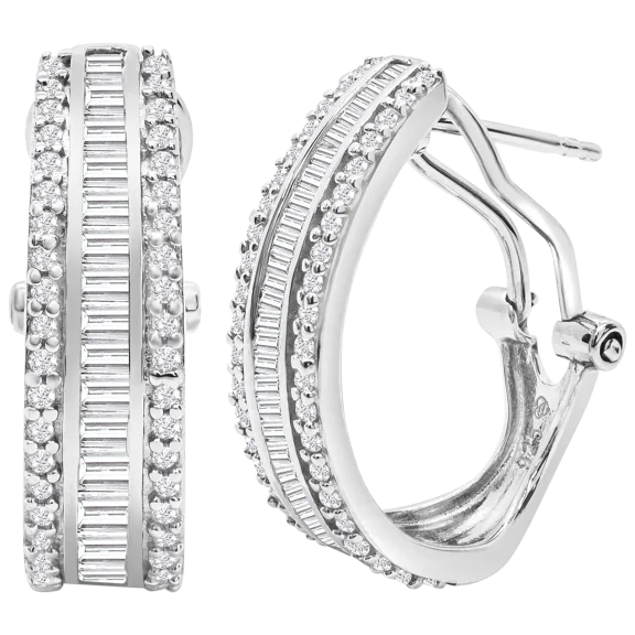 Baguette & Round 1.0 Carat TW Colorless Diamond Hoop Earrings in Sterling Silver