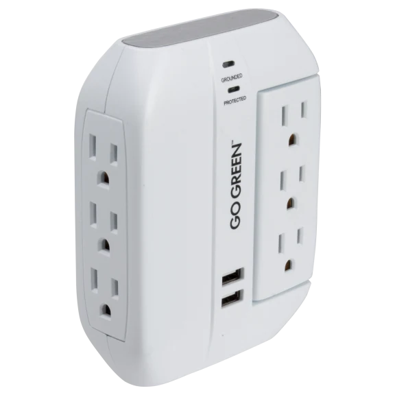 GoGreen 6 Outlet Swivel Wall Tap with Surge Protection and 2 USB Ports