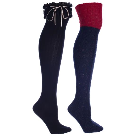 2-Pack: MinxNY Speckled Wool Knee-High and Knee-High Socks with Ribbon and Lace