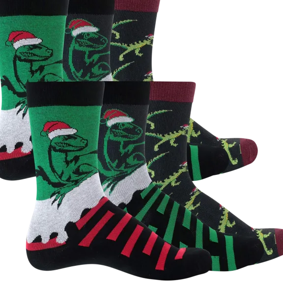 6-Pack: Galleria Christmas Fun Socks for Kids (Dino Holiday)