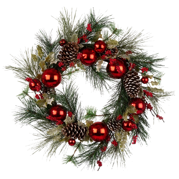 Glitzhome 24" LED Pre-Lit Greenery Berry Holly Pine cone Red Ornament Wreath