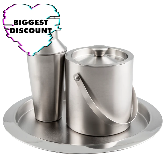 Set of 3: Cambridge Brushed Stainless Steel Shaker, Bucket and Bar Tray