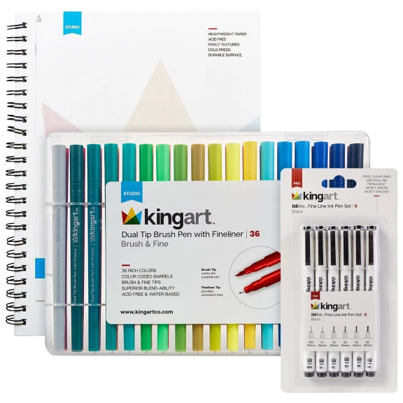 KingArt 43-Piece Fineliner Brush Pens, Black Assorted Nib Pens & Watercolor Pad