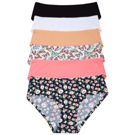 6-Pack: Angelina Nylon Mesh Hiphugger Panties with Laser-Cut Leg Openings