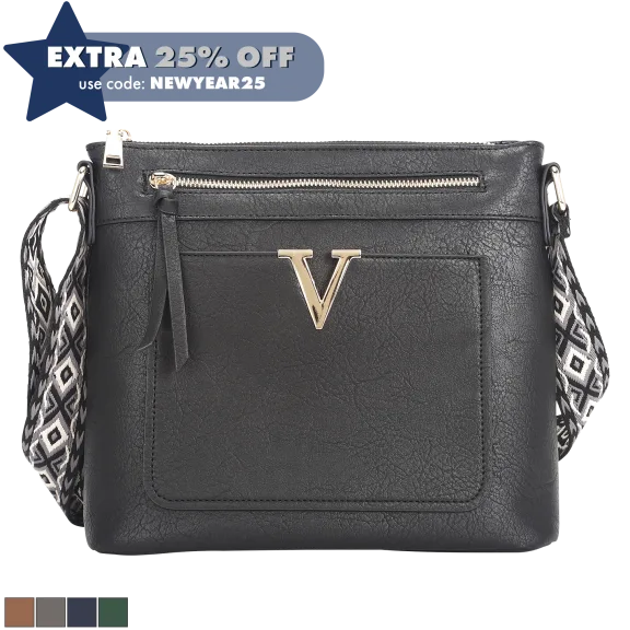 La Terre Vegan Leather Crossbody with V Logo Hardware and Boho Strap
