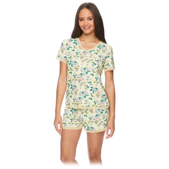 Kathy Ireland Pajama Set with V-Neck Tee and Shorts - Floral