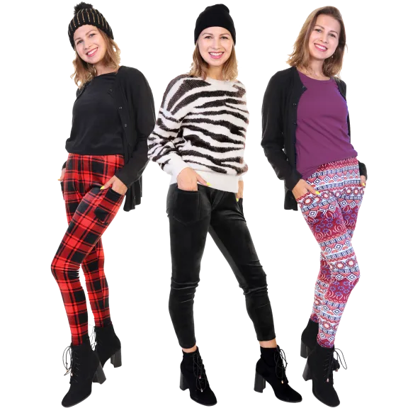 3-Pack: Angelina Women's Velvet Patterned Leggings with Pockets