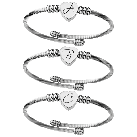 Golden NYC Jewelry Heart Cable Initial Bracelet in Stainless Steel