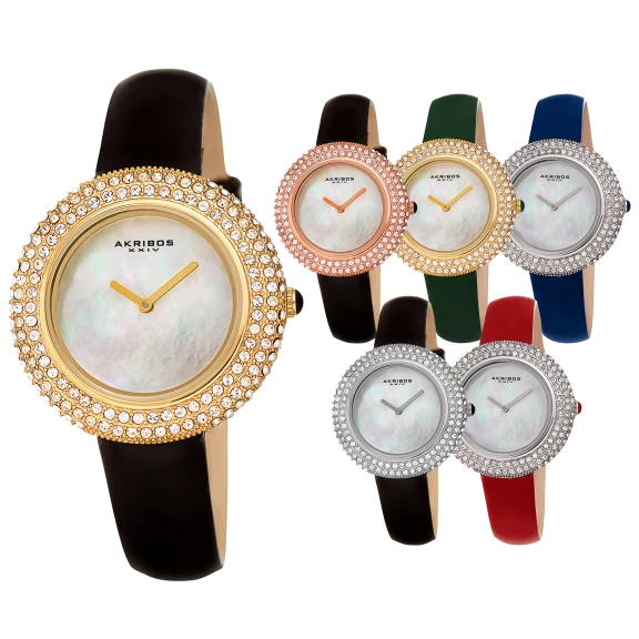 Akribos XXIV Ladies Crystal Swarovski Studded Fashion Leather Strap Watch