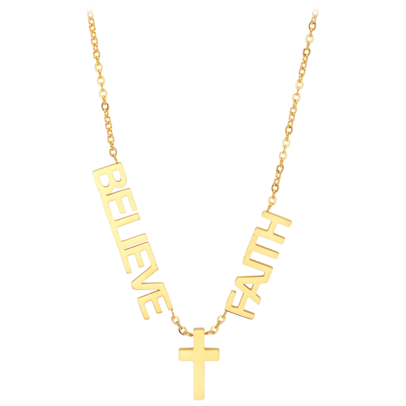 HMY Ladies 18k Gold Plated Stainless Steel Faith, Believe, and Cross Necklace
